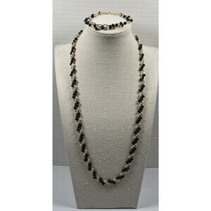 Vintage Trifari Necklace & Bracelet Set Gold Tone Braided Black & White Beads
